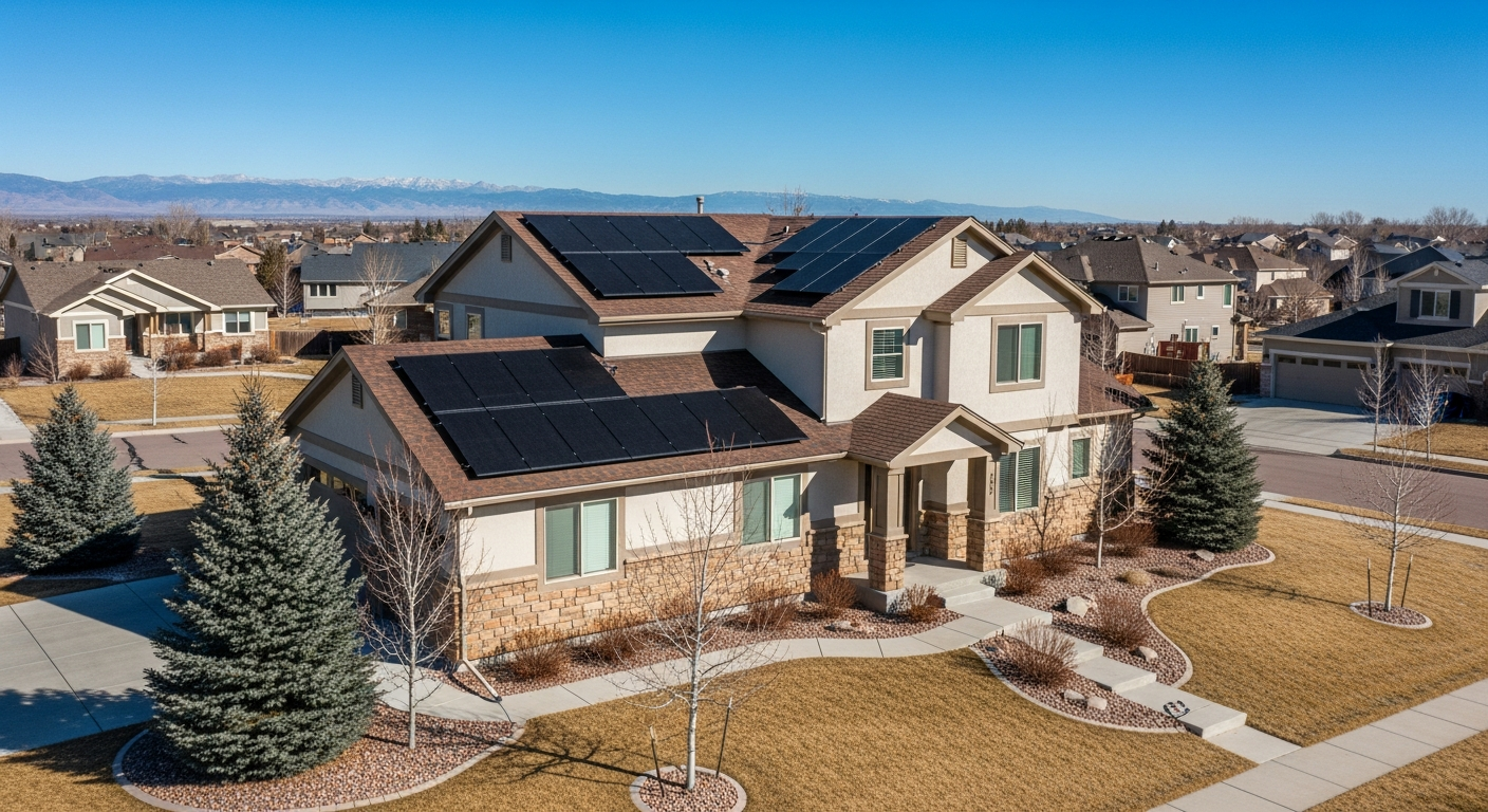 Suburban residential rooftop solar context, Colorado reference imagery.